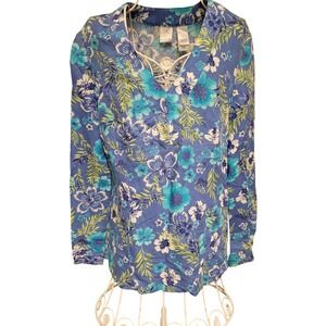 Emma James Liz Claiborne Blouse Womens Blue Floral Linen Blend Tropical Sz 10